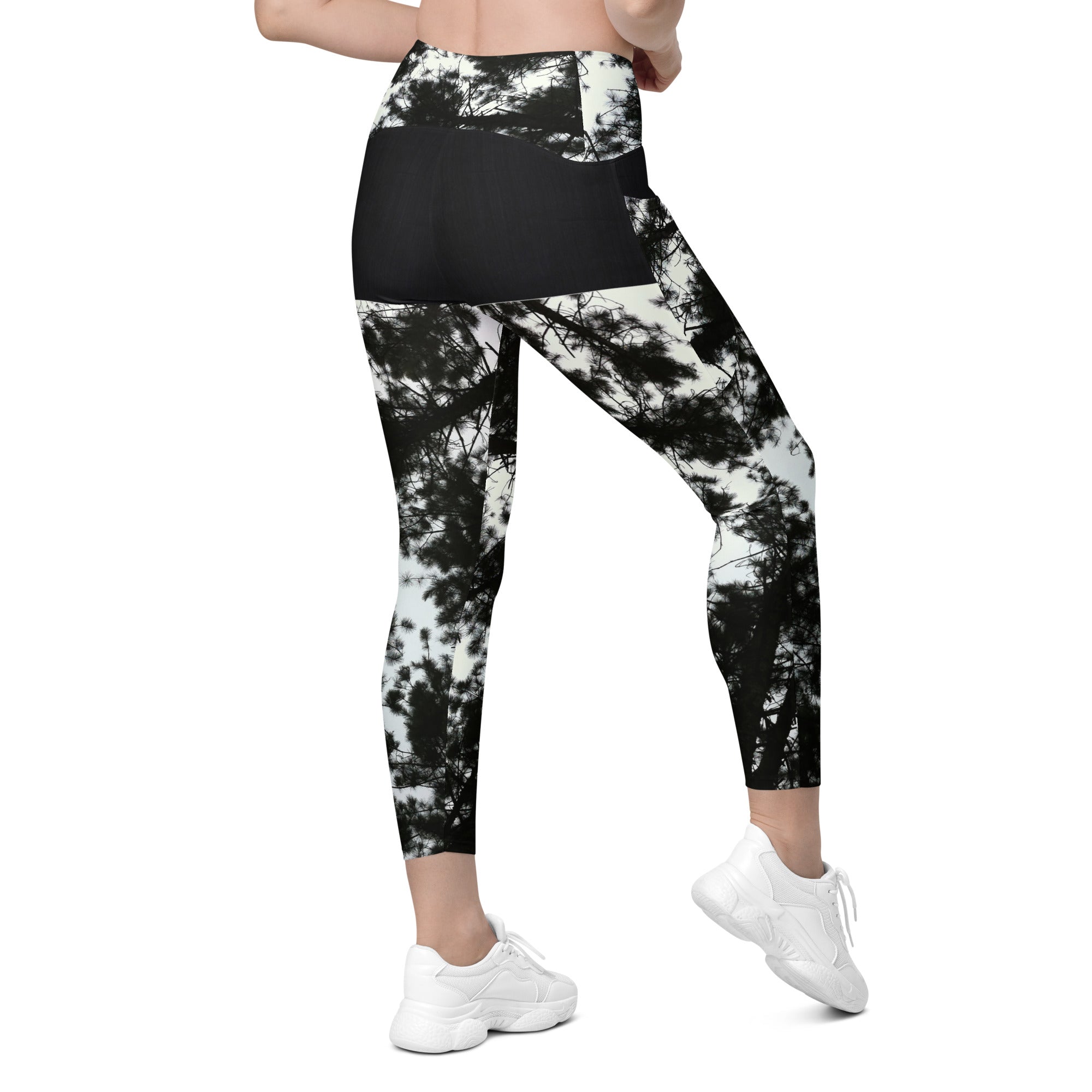 Workout or Dance Leggings with Pockets. Crossover Waist Yoga Pants- Black & White Leggings. WickedYo.